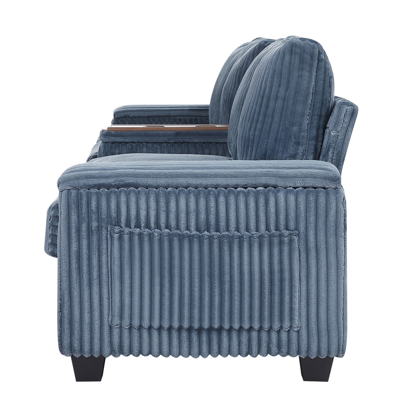 Modern 4 Seater Corduroy Sofa Couch With USB Ports, Hidden Storage, Flip Top Cup Holders - Blue
