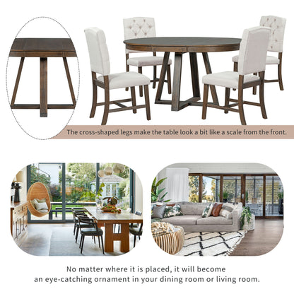 5 Piece Retro Functional Dining Set, Round Table With Leaf And 4 Upholstered Chairs For Dining Room And Living Room - Walnut