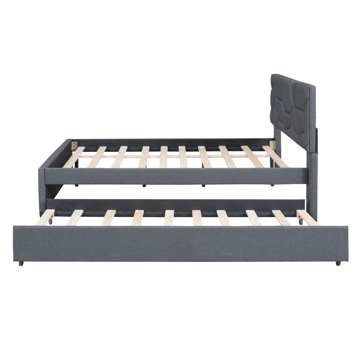 Full Size Upholstered Platform Bed With Brick Pattern Headboard And Twin Size Trundle - Gray