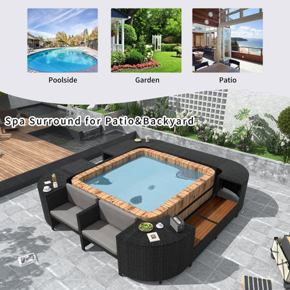 Spa Surround Spa Frame Quadrilateral Outdoor Rattan Sectional Sofa Set With Mini Sofa, Wooden Seats And Storage Spaces - Gray