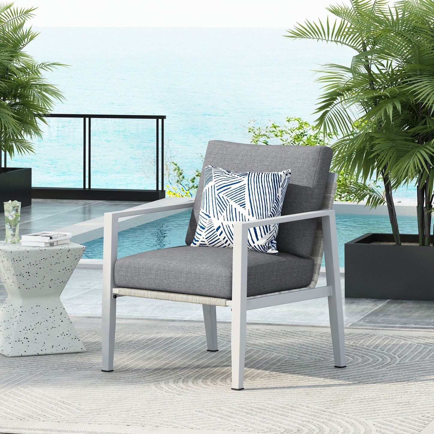Aluminum Lounge Chair With Sleek Rope Accents, Comfortable Cushions, For Modern Indoor Outdoor Spaces - Gray / Silver / White