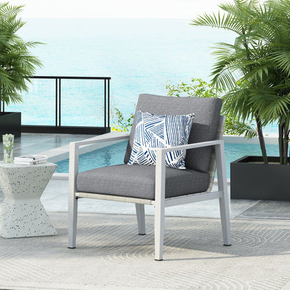 Aluminum Lounge Chair With Sleek Rope Accents, Comfortable Cushions, For Modern Indoor Outdoor Spaces - Gray / Silver / White