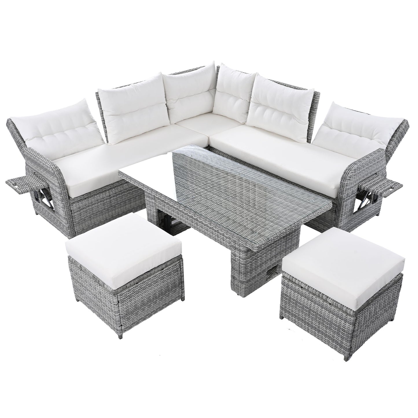 Outdoor Furniture Set Patio Rattan Furniture Set With An Adjustable Table, Recliners With Extendable Side Tables, And 2 Ottomans For Patio, Lawn, Backyard, Pool - Beige