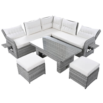 Outdoor Furniture Set Patio Rattan Furniture Set With An Adjustable Table, Recliners With Extendable Side Tables, And 2 Ottomans For Patio, Lawn, Backyard, Pool - Beige