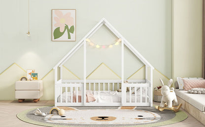 Twin Wood House-Shaped Floor Bed With Fence, Guardrails - White