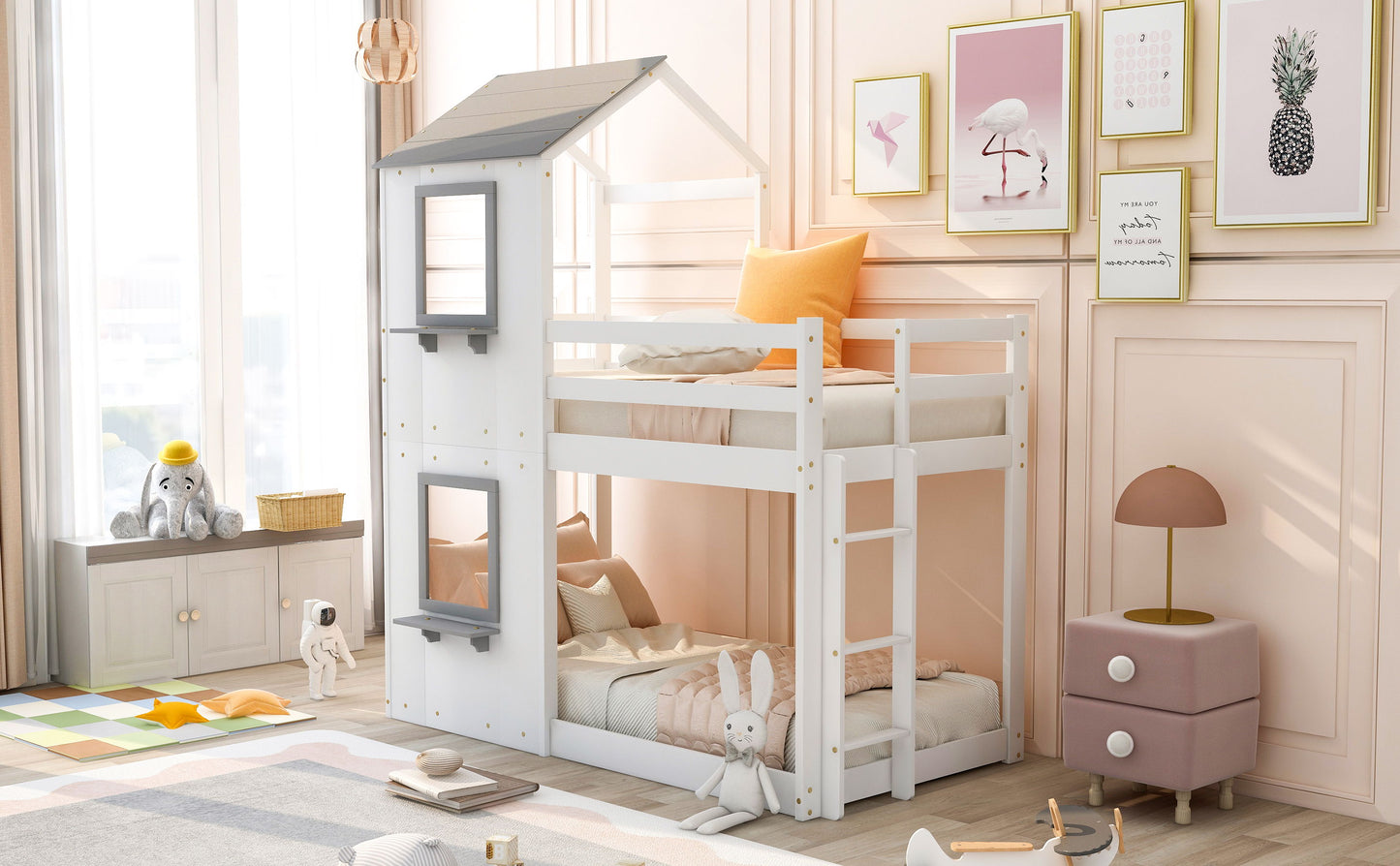 Twin Over Twin Bunk Bed & Roof, Window, Guardrail, Ladder - White