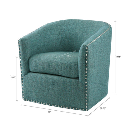 Swivel Chair With Foam Cushion And Pewter Nailhead Trim Upholstery, Solid Wood Frame - Green