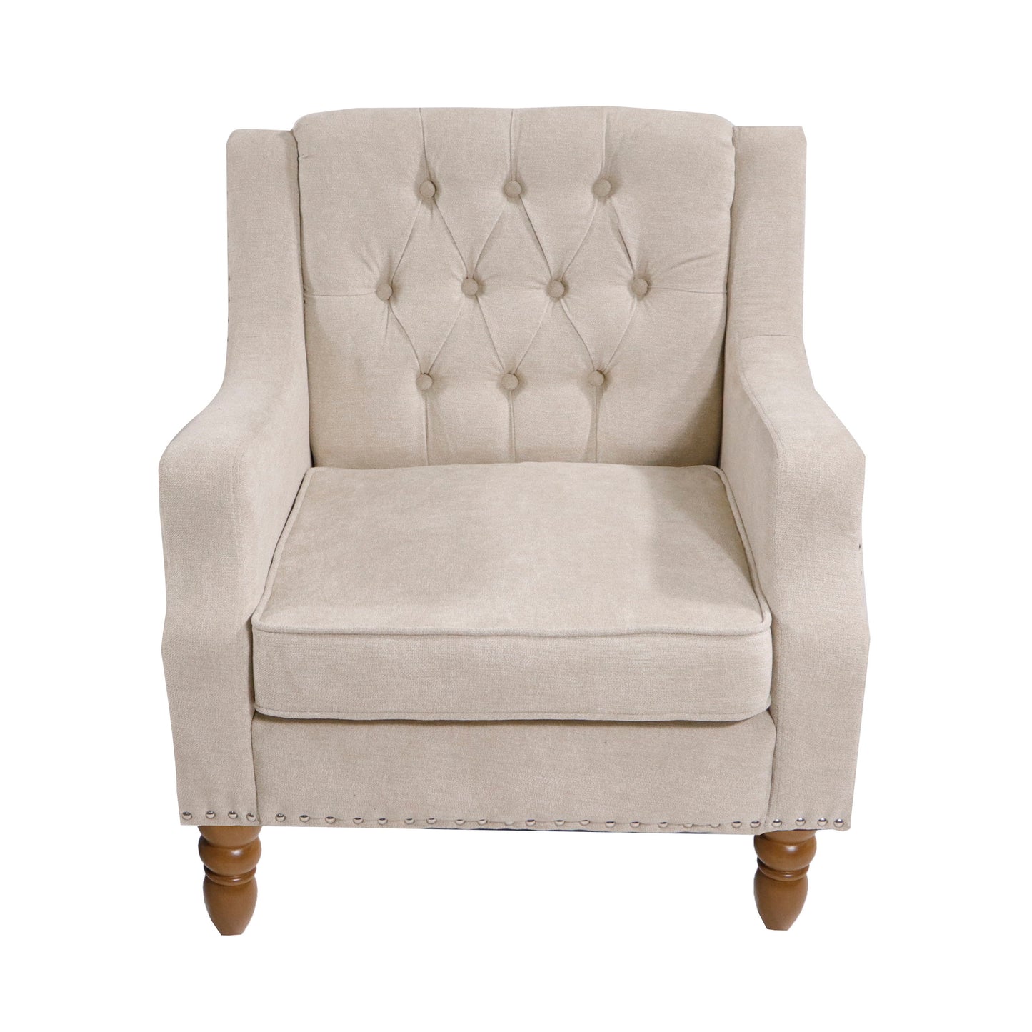 Accent Chair, Living Room Chair, Footrest Chair Set With Vintage Brass Studs, Button Tufted Upholstered Armchair For Living Room, Comfy Reading Chair For Bedroom, Reception Room - Beige