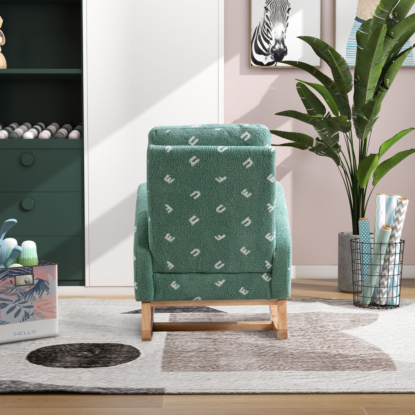 Modern Rocking Chair For Nursery, Mid Century Accent Rocker Armchair With Side Pocket, Upholstered High Back Wooden Rocking Chair For Living Room - Green