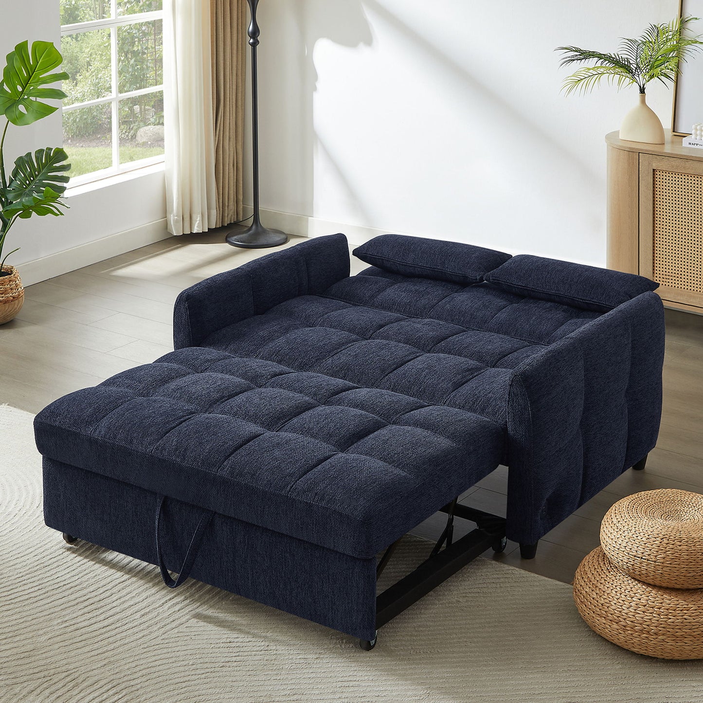 Loveseat Sofa Pull Out Sofa Bed Tufted Sleeper Sofa With An Adjustable Backrest, 3 USB Ports And 2 Lumbar Pillows For Living Room - Blue