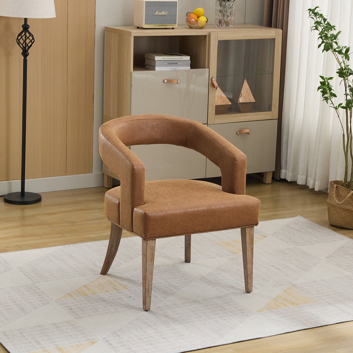 Wide Modern Barrel Open Back Upholstered Accent Chair With Weathered Solid Wood Legs Dining Chairs For Dining Room, Club, Kitchen And Living Room - Brown