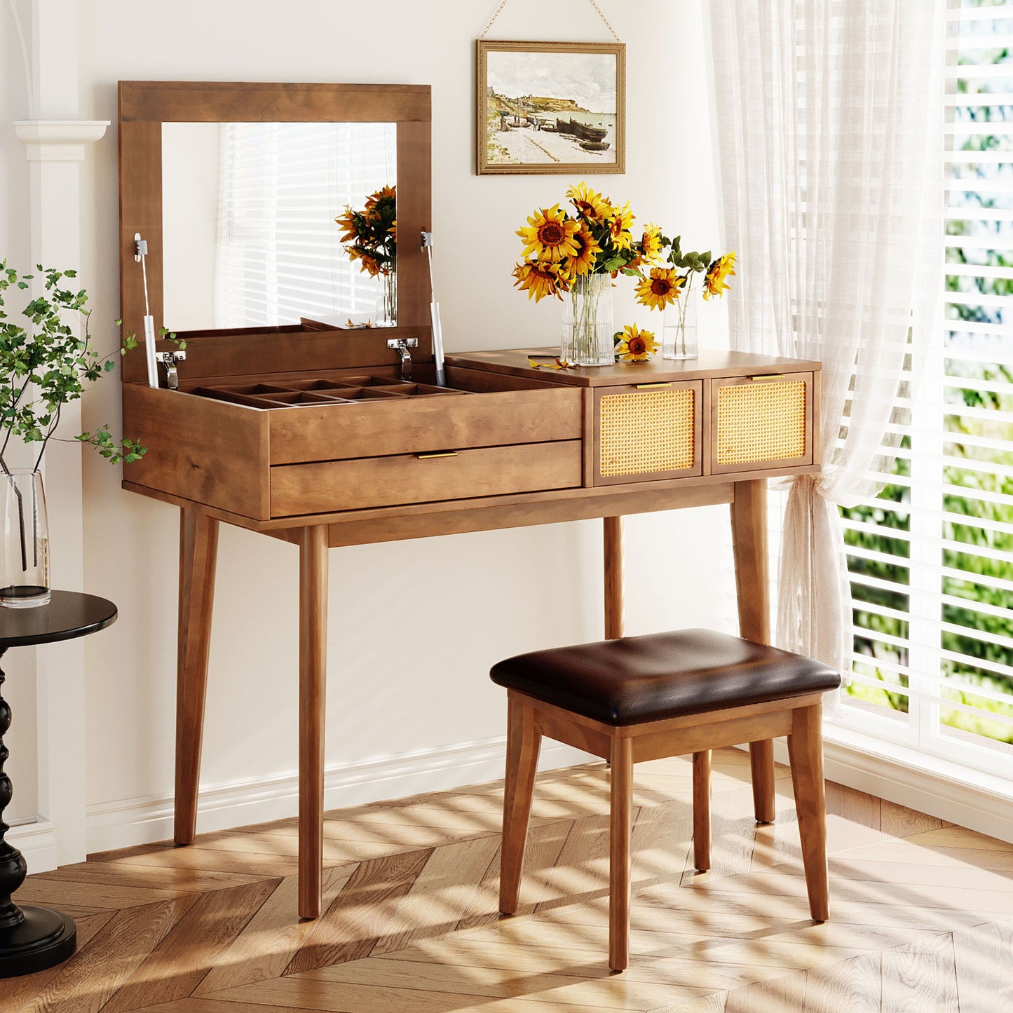 Classic Wood Makeup Vanity Set With Flip-Top Mirror And Stool, Dressing Table With Three Drawers And Storage Space - Brown