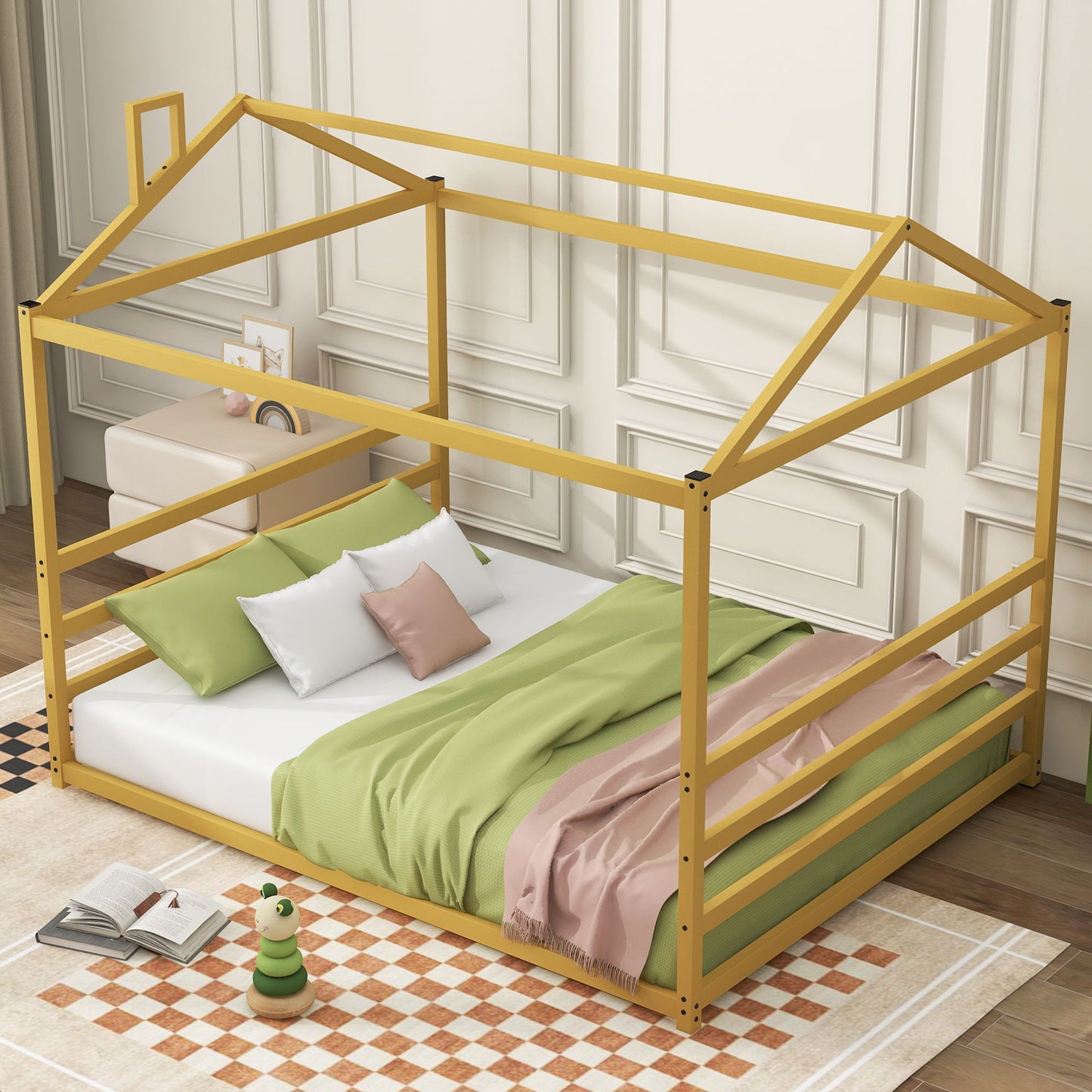 Queen Metal House Shape Platform Bed - Gold
