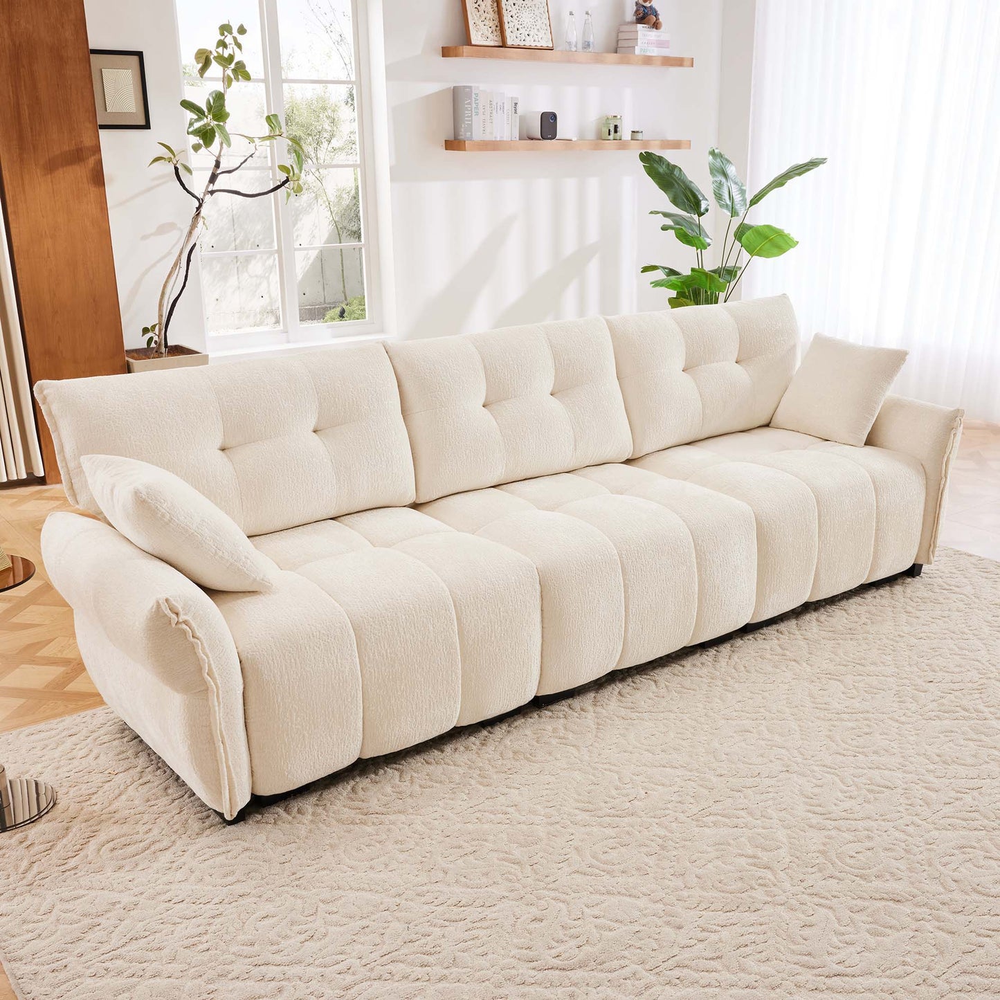 Modern 3 Seater Sofa Set & Pillows Frame, Textured Cover, High Rebound Cushions - White