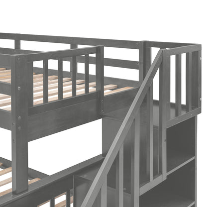 Twin Over Full Stairway Bunk Bed With Drawer, Storage And Guard Rail For Bedroom - Gray