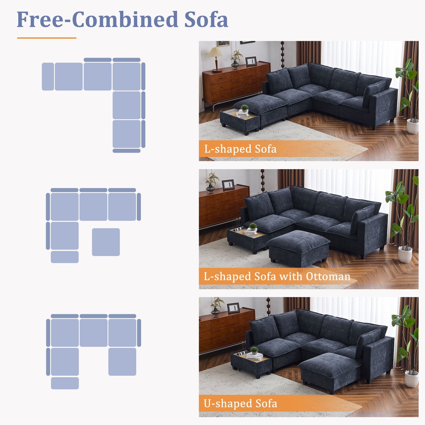 U - Shaped Sectional Sofa Modular Sofa Couch With A Movable Ottoman, A Coffee Table With Hidden Charging Devices For Living Room - Blue