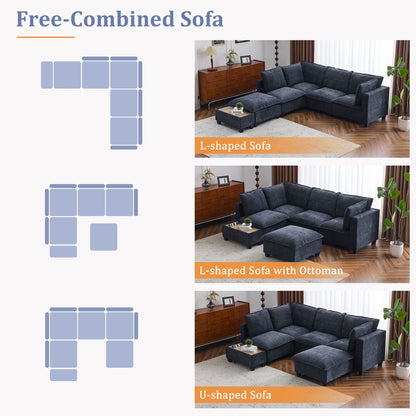 U - Shaped Sectional Sofa Modular Sofa Couch With A Movable Ottoman, A Coffee Table With Hidden Charging Devices For Living Room - Blue