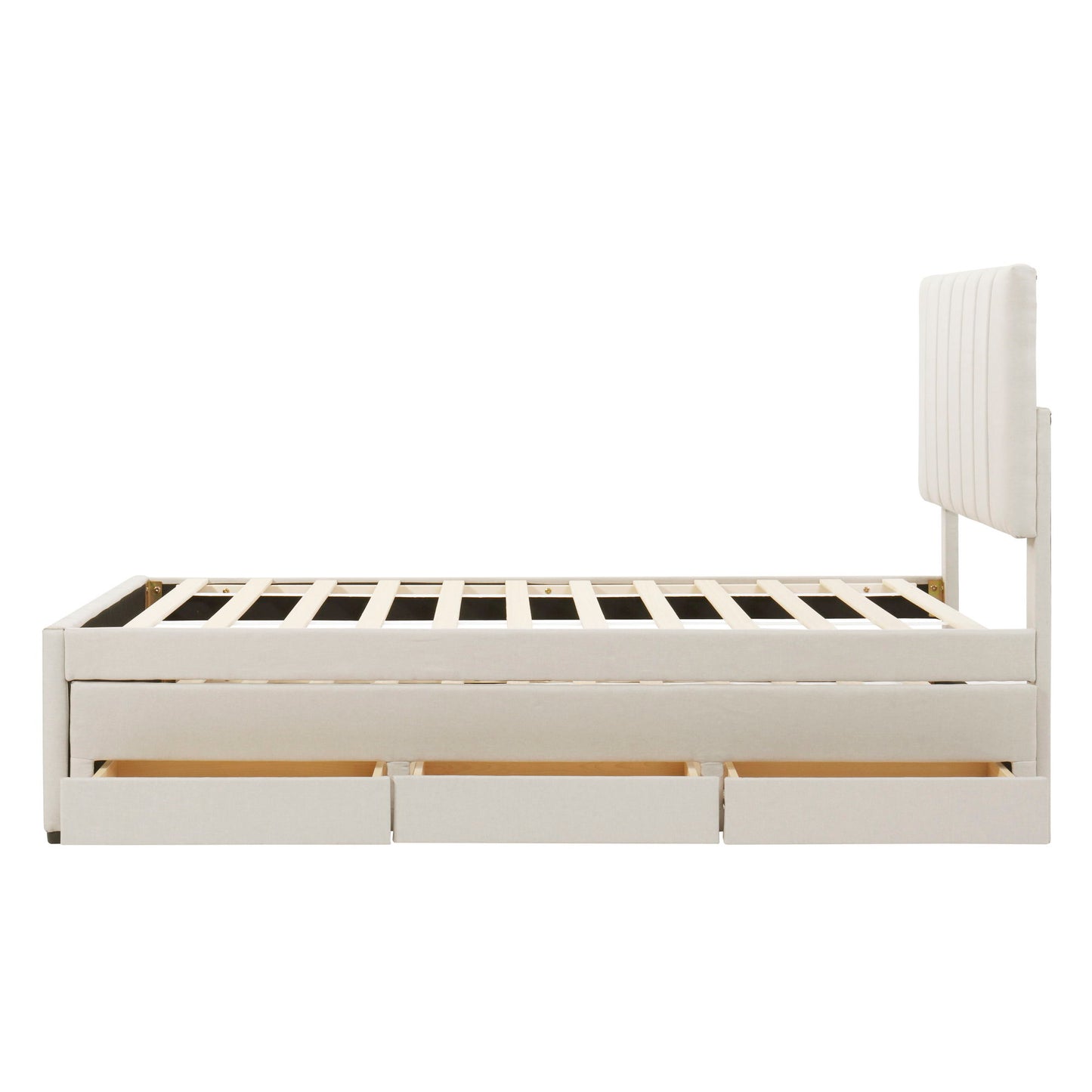 Twin Size Upholstered Platform Bed With Trundle And 3 Drawers - Beige