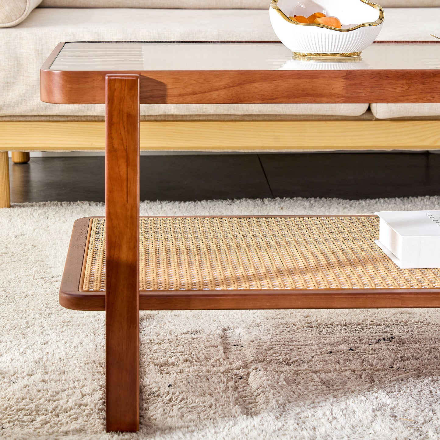Modern Simple Rectangle Double Layer Solid Wood Glass Desktop Tea Table Rattan Woven Chinese Side Table Small Rectangle Table - Natural Wood