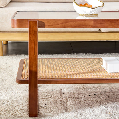 Modern Simple Rectangle Double Layer Solid Wood Glass Desktop Tea Table Rattan Woven Chinese Side Table Small Rectangle Table - Natural Wood