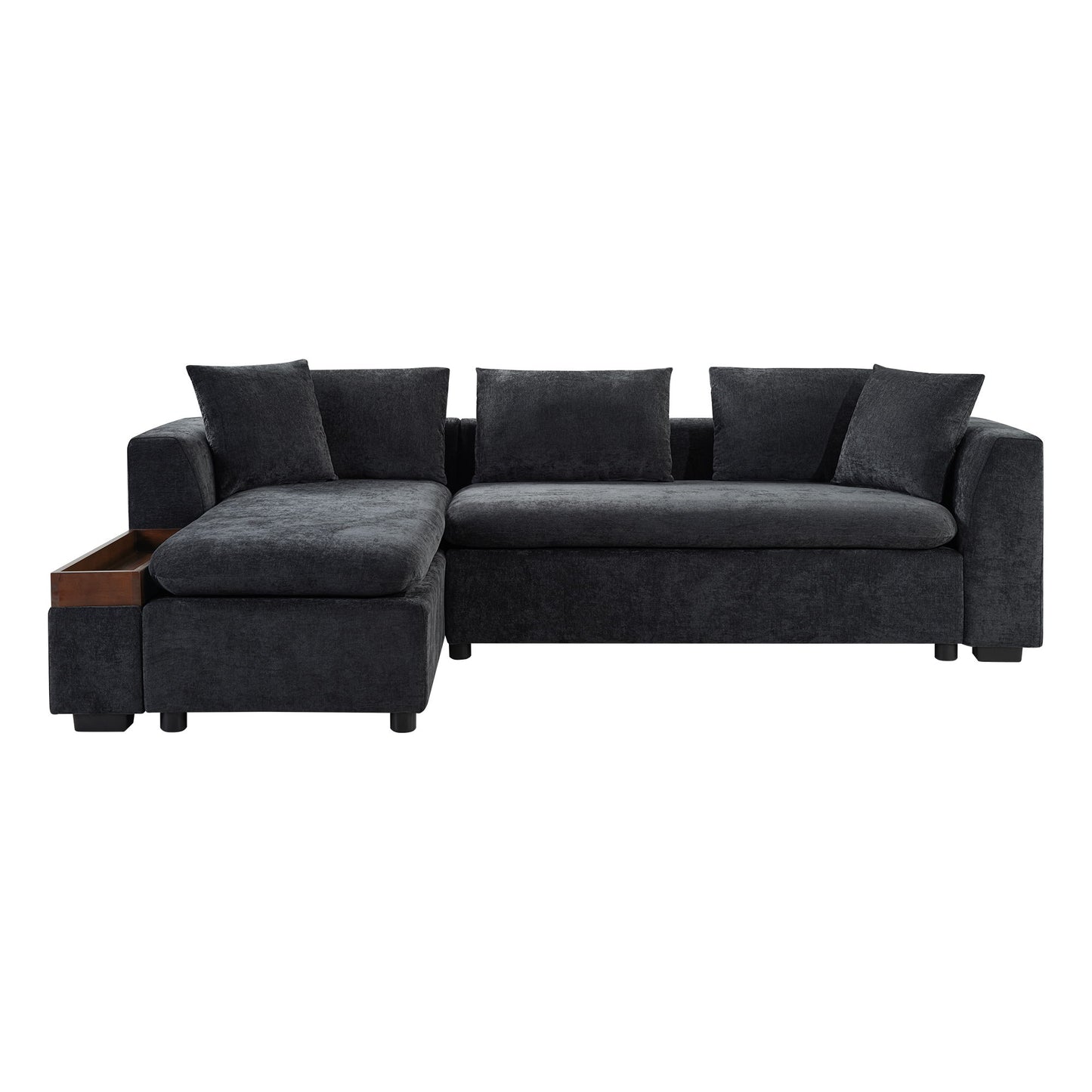 Modern L Shaped Sectional Sofa With Chenille Upholstery And Wooden Storage - Black