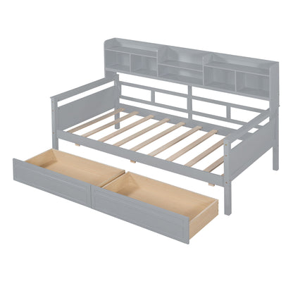 Twin Size Daybed, Slat Support, With Bedside Shelves And 2 Drawers - Gray