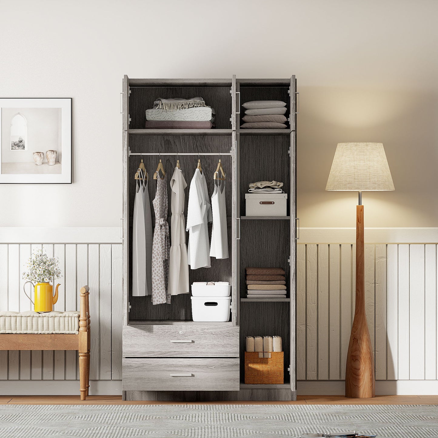 Modern 3 Door Mirror Wardrobe With 2 Drawers And Top Cabinet - Gray