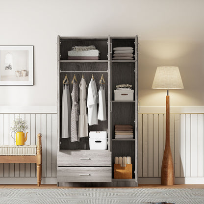 Modern 3 Door Mirror Wardrobe With 2 Drawers And Top Cabinet - Gray