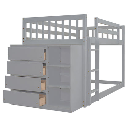 Twin Over Twin Classic Bunk Bed With 4 Drawers And 3 Shelves - Gray