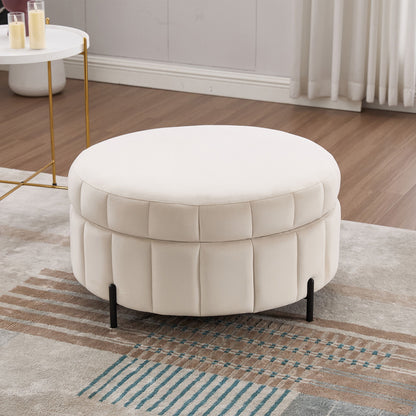 Upholstered Round Ottoman With Reversible Lid, Storage Stool, Channel Tufted Pumpkin Shape Footstool For Living Room, Bedroom And Office - Beige