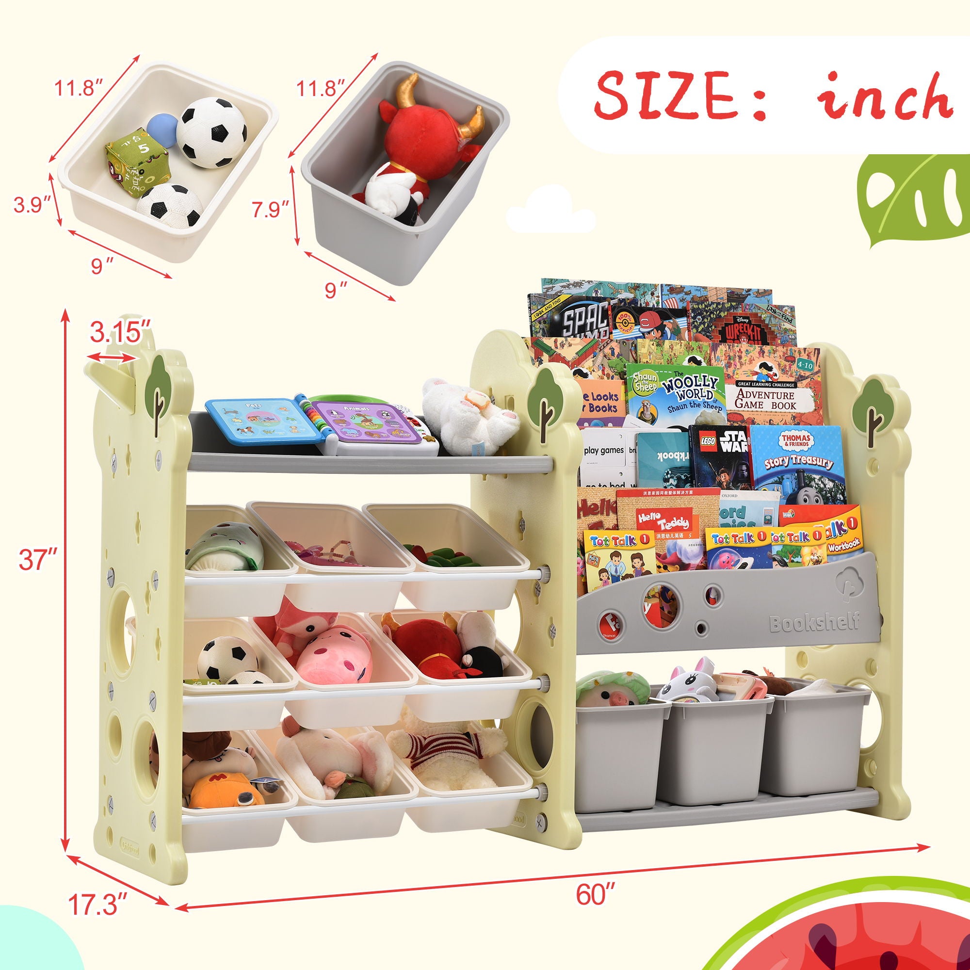 Kids Bookshelf Toy Storage Organizer With 17 Bins And 5 Bookshelves, Multi-Functional Nursery Organizer Kids Furniture Set Toy Storage Cabinet Unit With HDPE SheLF And Bins - Light Green