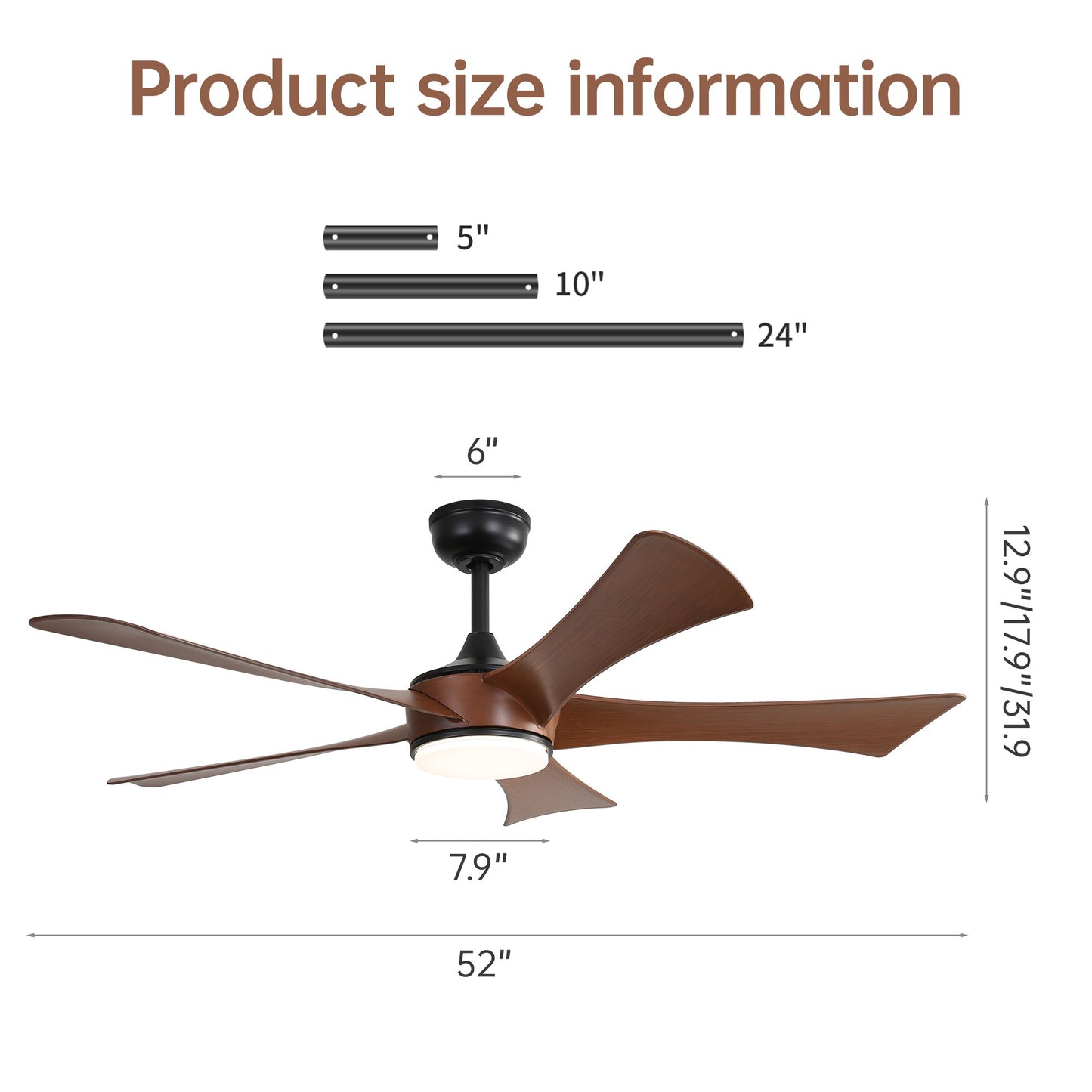 Modern Ceiling Fan With 3 Color Dimmable 5 ABS Blades Remote Control Reversible DC Motor With LED Light - Black
