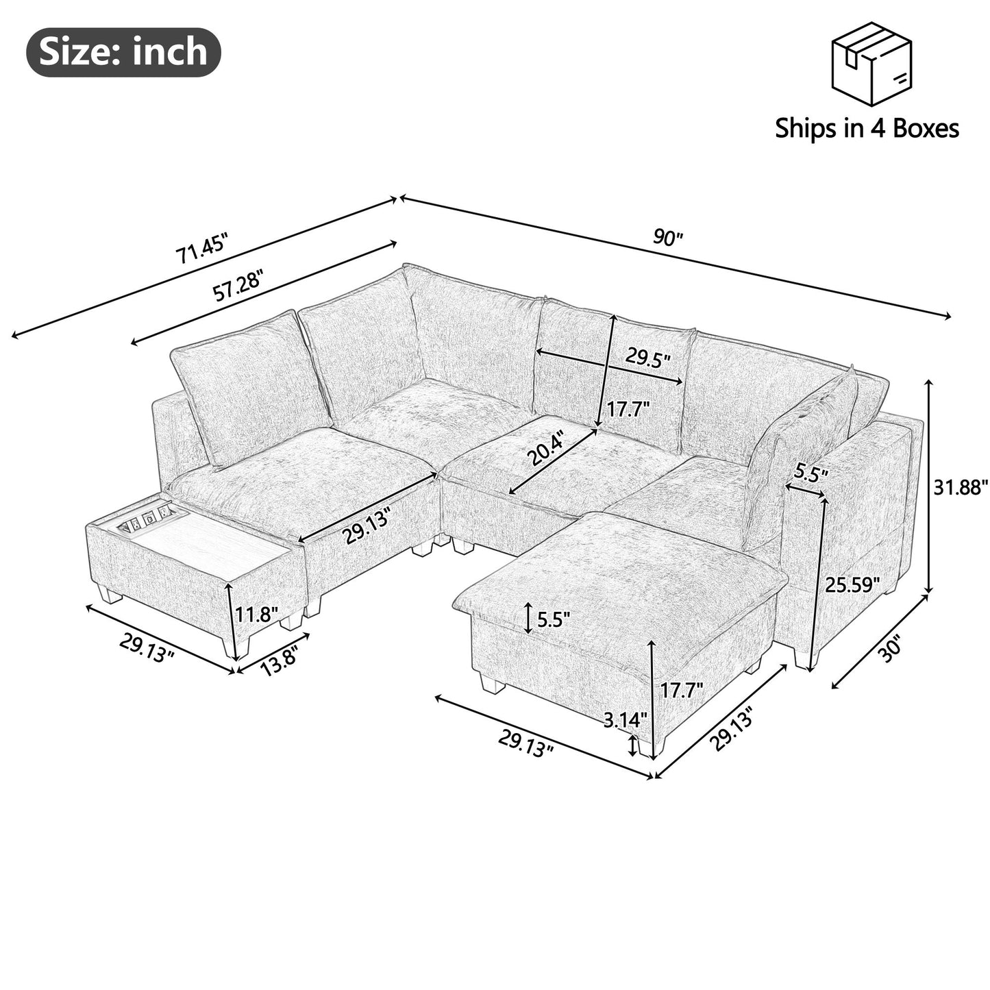 U - Shaped Sectional Sofa Modular Sofa Couch With A Movable Ottoman, A Coffee Table With Hidden Charging Devices For Living Room - Blue