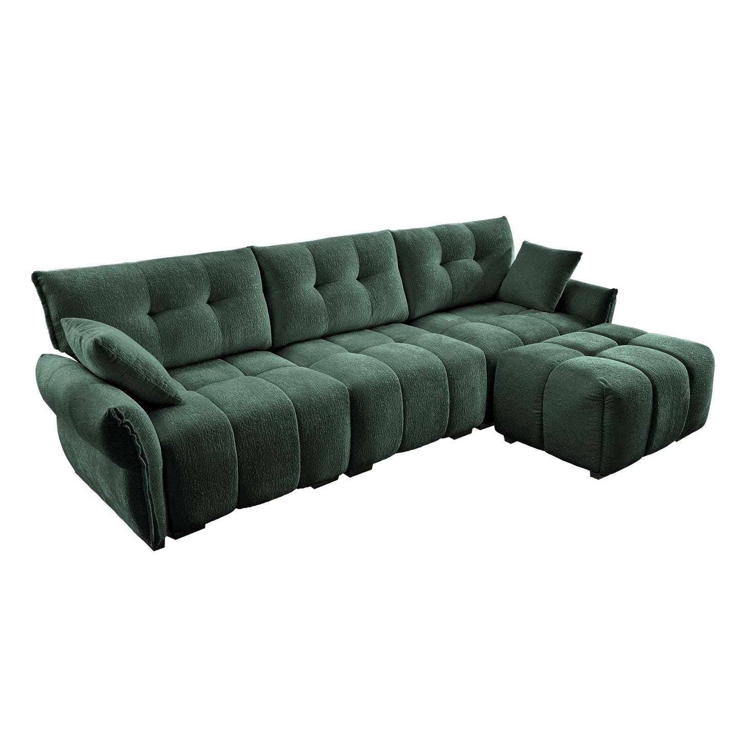 Stylish 3 Seater Sofa Set With Ottoman And Pillows, Textured, High Resilience Cushions - Green