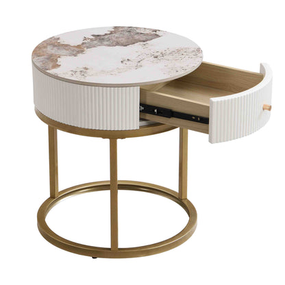 Modern Nightstand With Drawer, Marble Round End Table - White