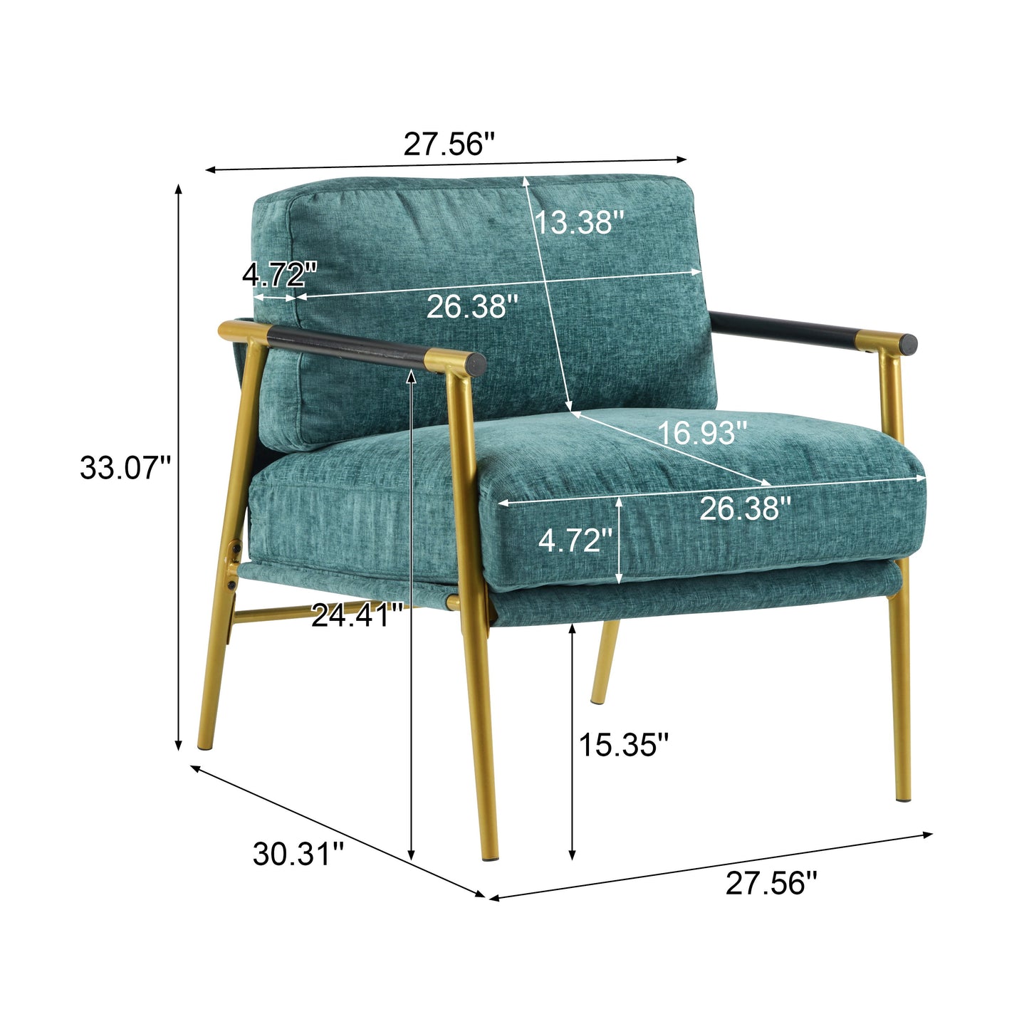 Modern Accent Chair With Plush Cushions, Metal Frame, Wooden Armrests Cozy Seating For Living Room, Bedroom, Office - Gold / Teal Blue
