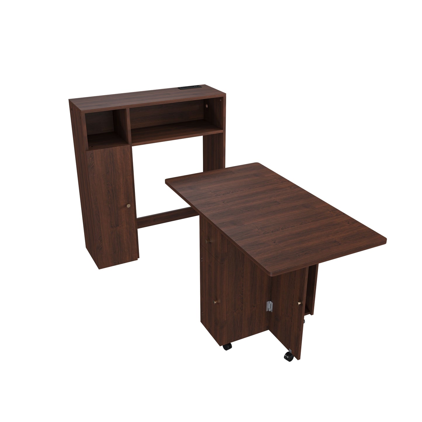 Multifunctional Folding Dining Table With Wall Mounted Sideboard & Storage - Walnut