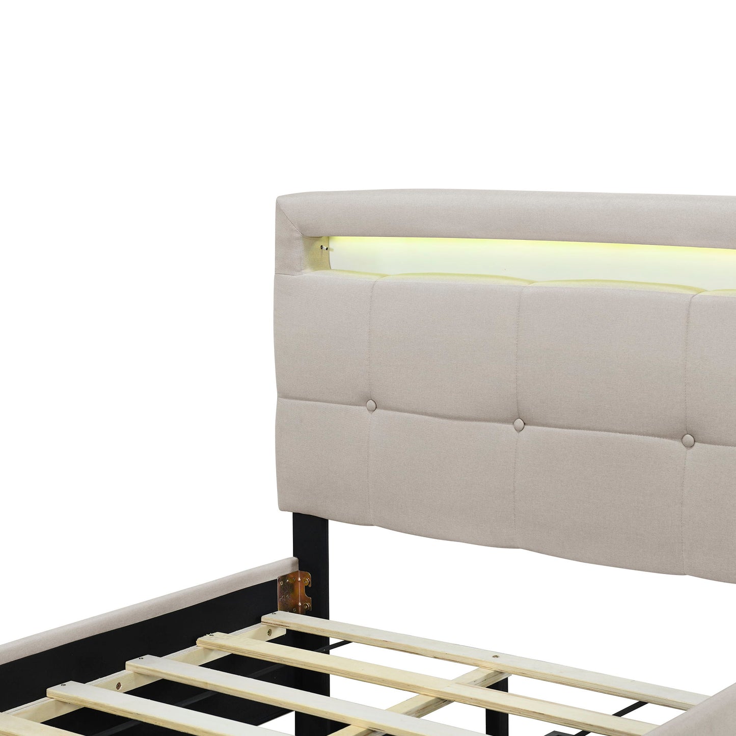 Twin Size Upholstered Platform Bed With LED Frame And 2 Drawers - Beige