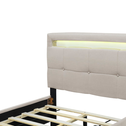 Twin Size Upholstered Platform Bed With LED Frame And 2 Drawers - Beige