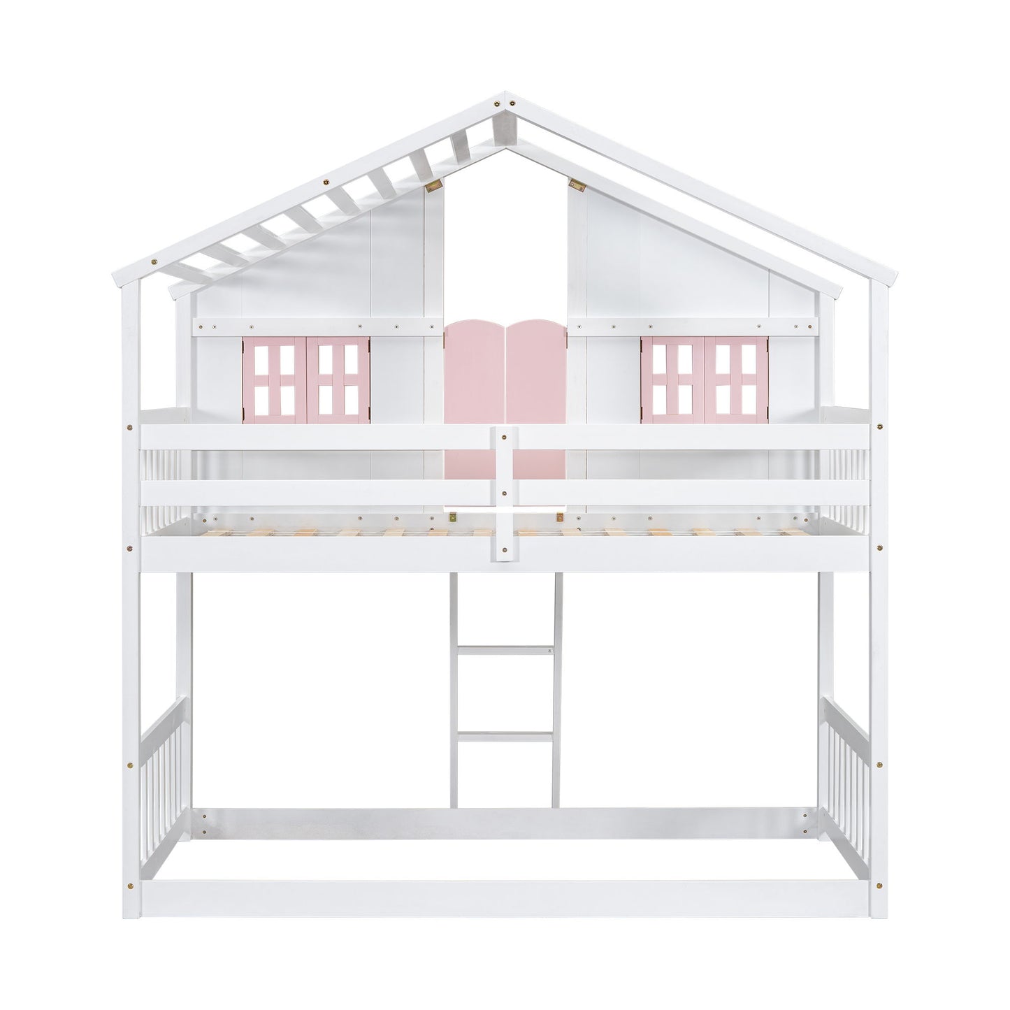 Twin Over Twin House Bunk Bed With Roof, Window, Window Box, Door, With Safety Guardrails And Ladder - Pink / White