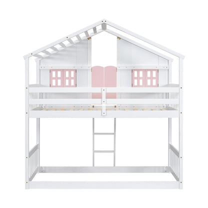 Twin Over Twin House Bunk Bed With Roof, Window, Window Box, Door, With Safety Guardrails And Ladder - Pink / White