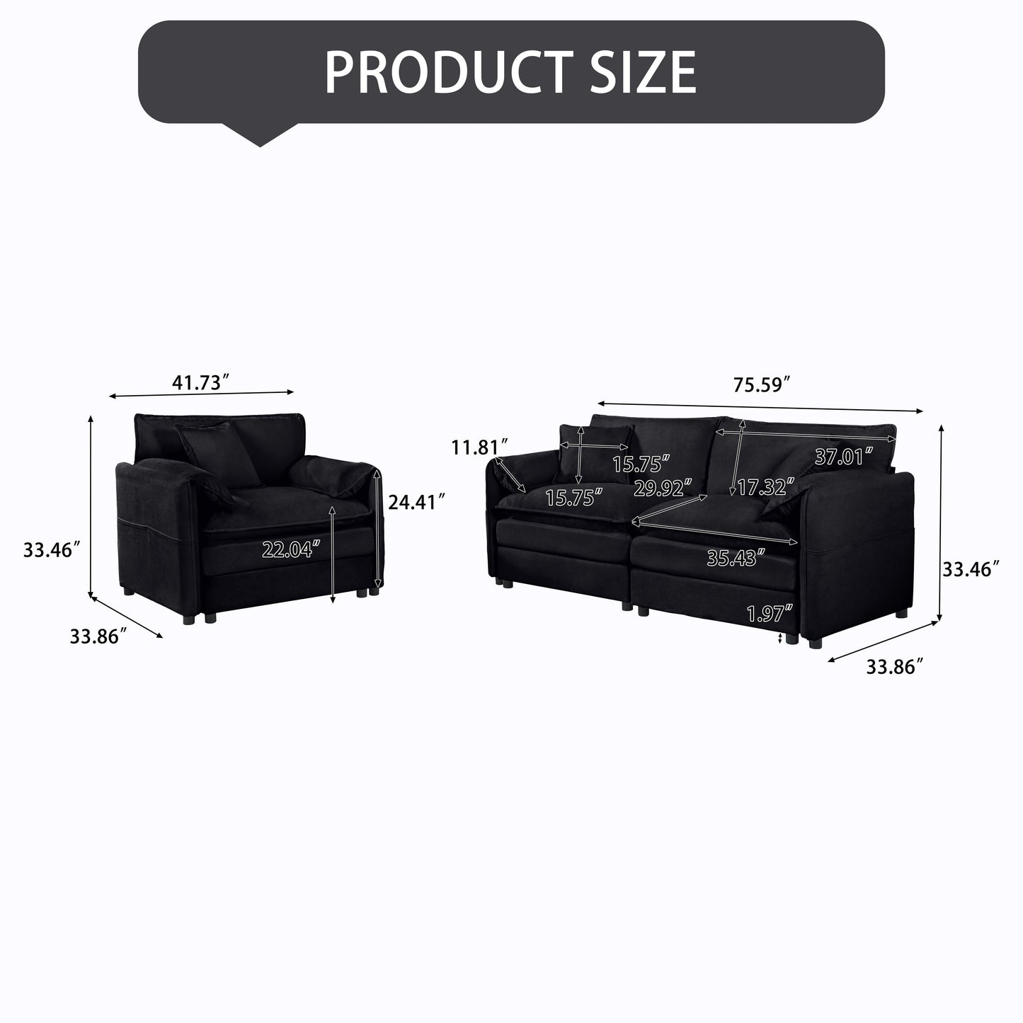Modern Upholstered Chenille Loveseat And Armchair Set With Pillows, Deep Seat Luxury - Black