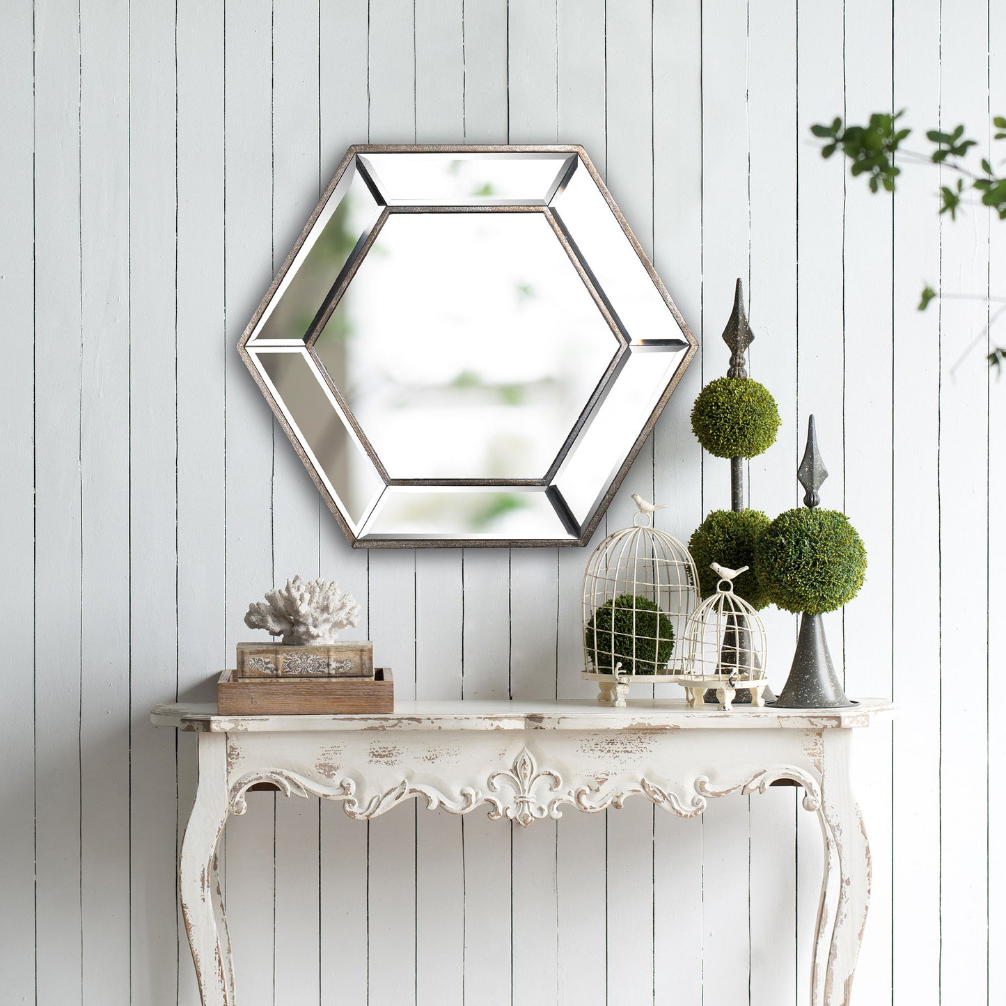 Hexagon Wall Mirror With Contemporary Glass Design, Home Decor Accent Mirror For Living Room, Entryway, Bedroom - Silver