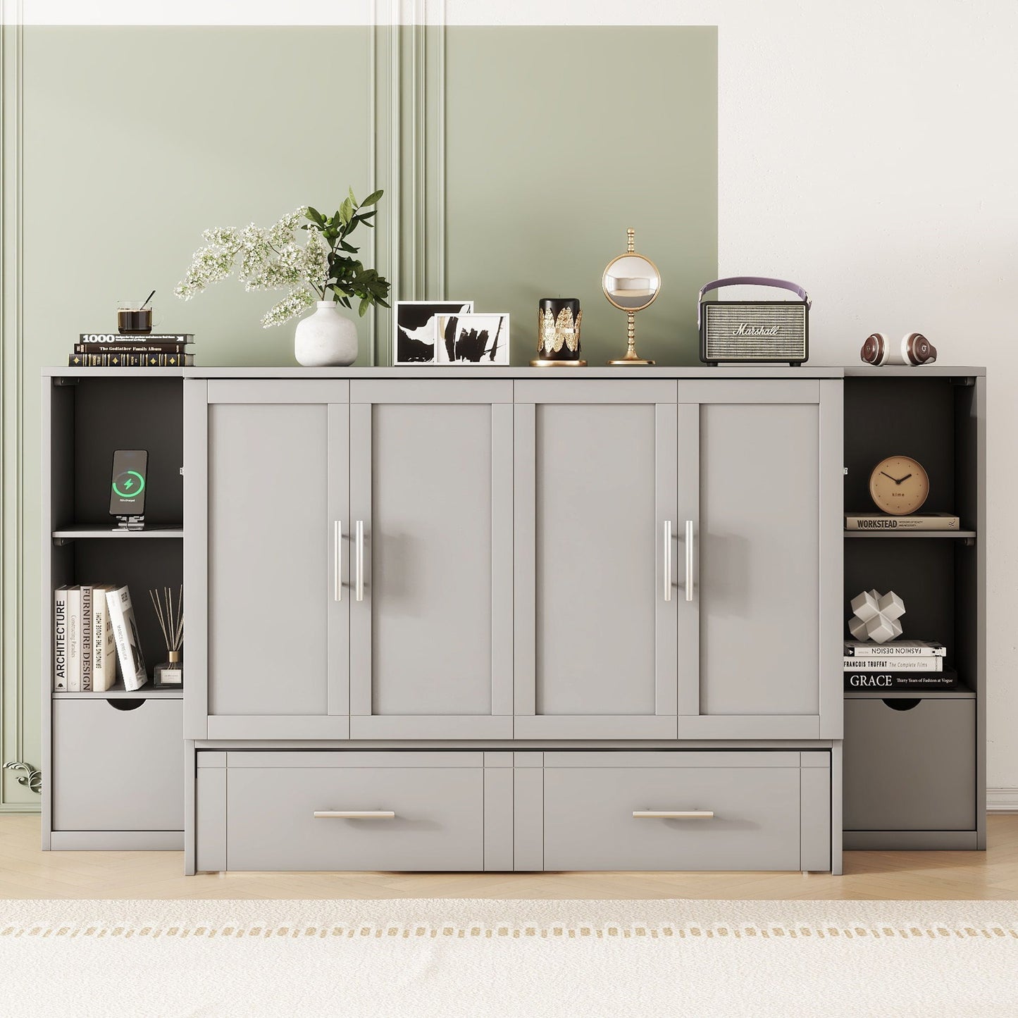 Full Size Murphy Bed With Shelves, Drawers And USB Ports - Gray