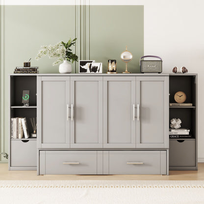Full Size Murphy Bed With Shelves, Drawers And USB Ports - Gray