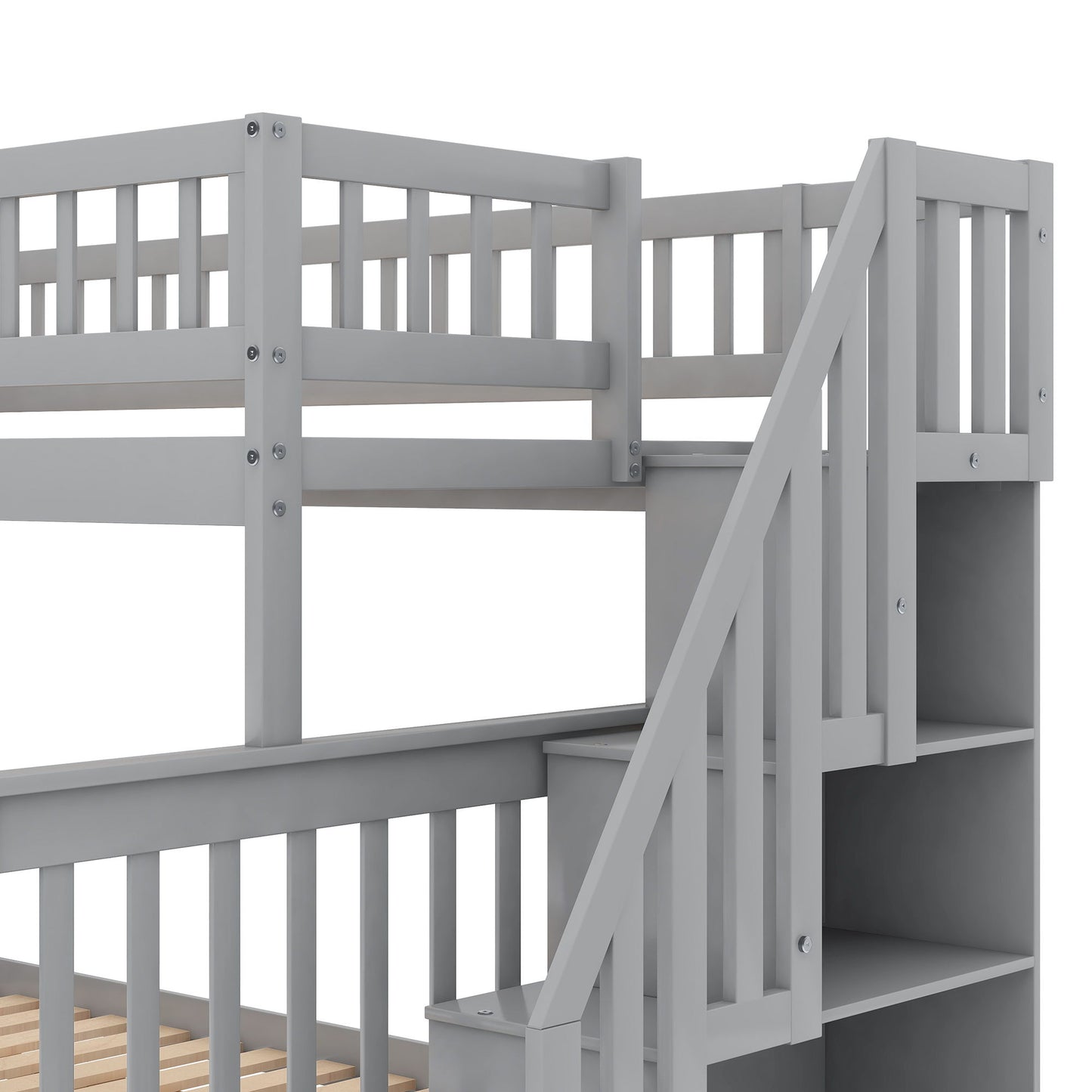 Twin Over Full Bunk Bed With Trundle And Staircase - Gray