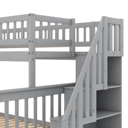 Twin Over Full Bunk Bed With Trundle And Staircase - Gray