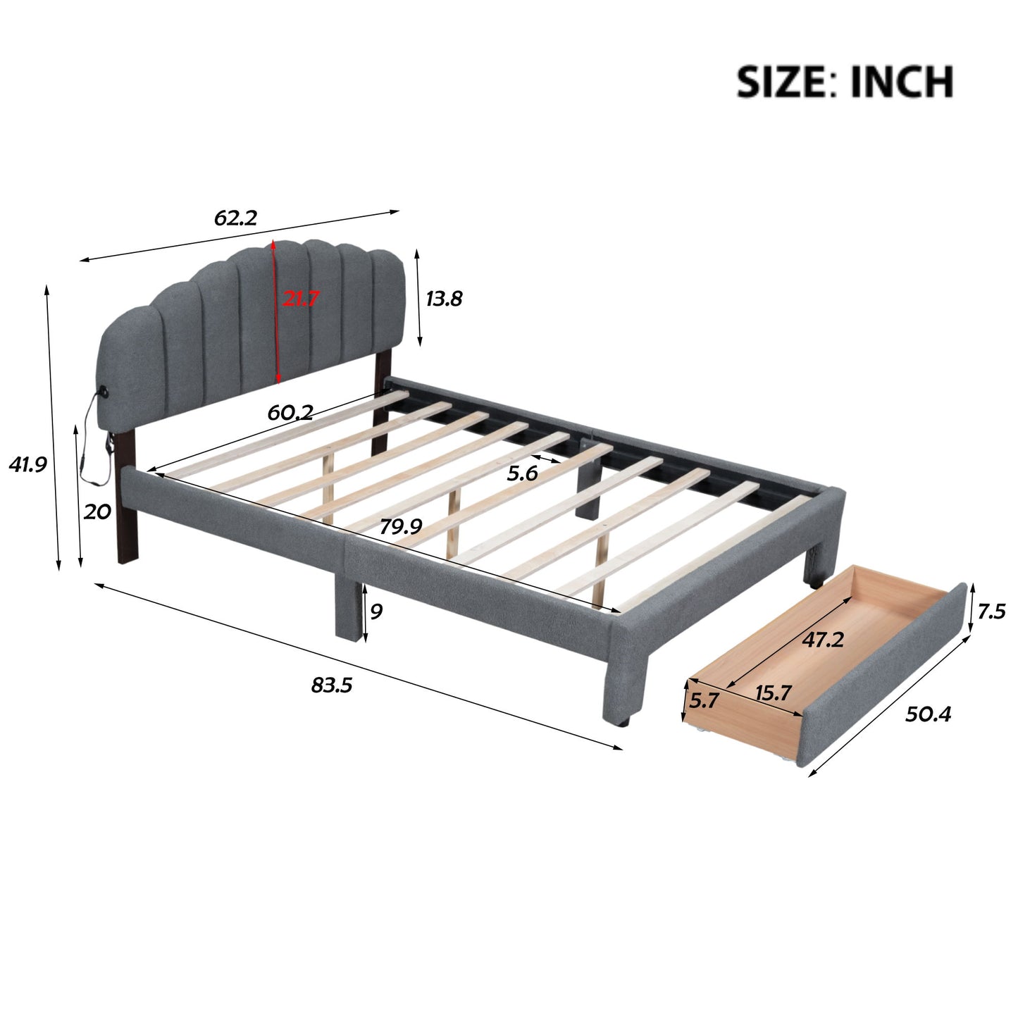 Queen Size Upholstered Platform Bed With Drawer - Gray