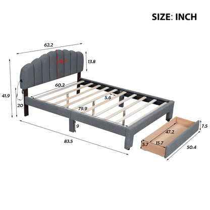 Queen Size Upholstered Platform Bed With Drawer - Gray