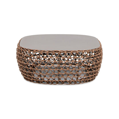 Willow - Oval Woven Patio Coffee Table, Wicker Frame - Wheat Beige / Golden Brown